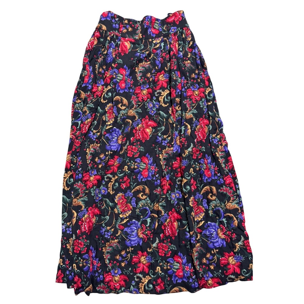 Pia Rucci Vintage Floral Maxi Skirt Black Red Purple Rayon High Waist Womens 4